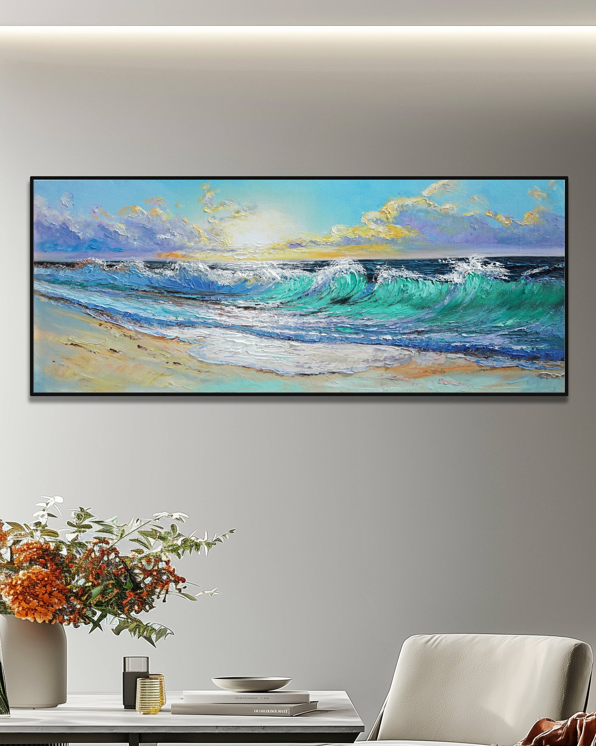 Dipinto a mano acrilico su tela Scenario Astratto 60x150cm