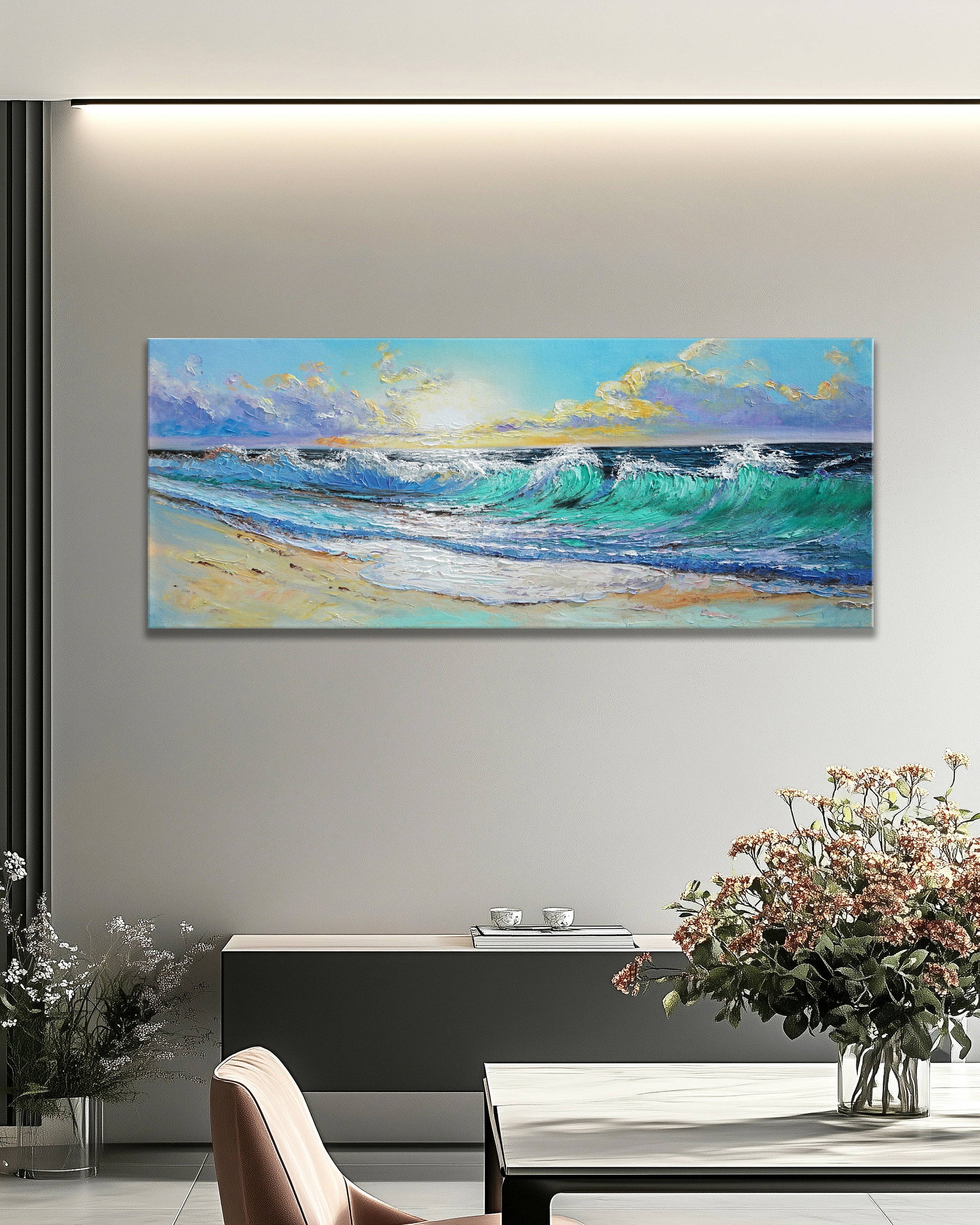 Dipinto a mano acrilico su tela Scenario Astratto 60x150cm