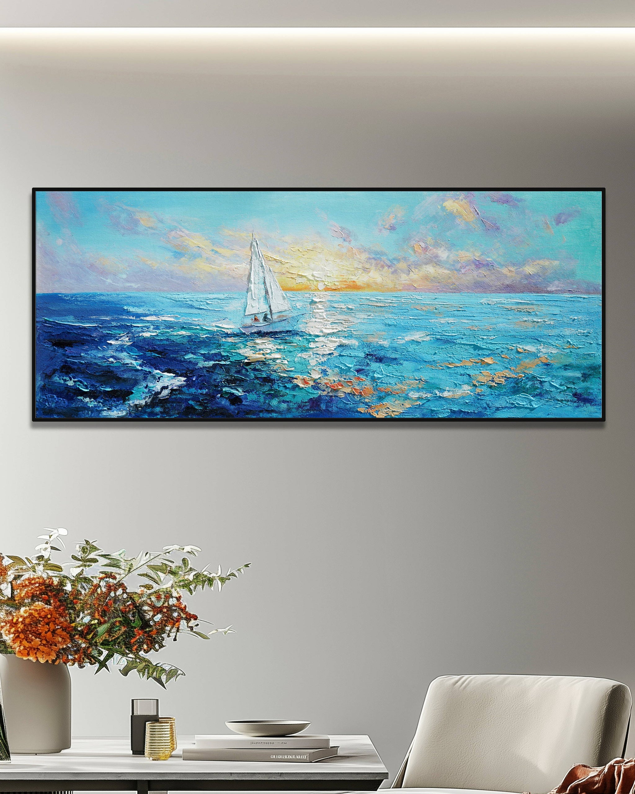 Dipinto a mano acrilico su tela Scenario Astratto 60x150cm
